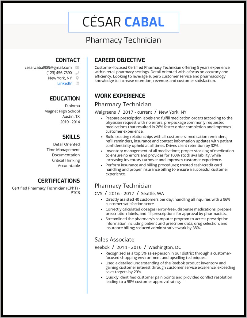 Inpatient Pharmacy Technician Job Duties Resume