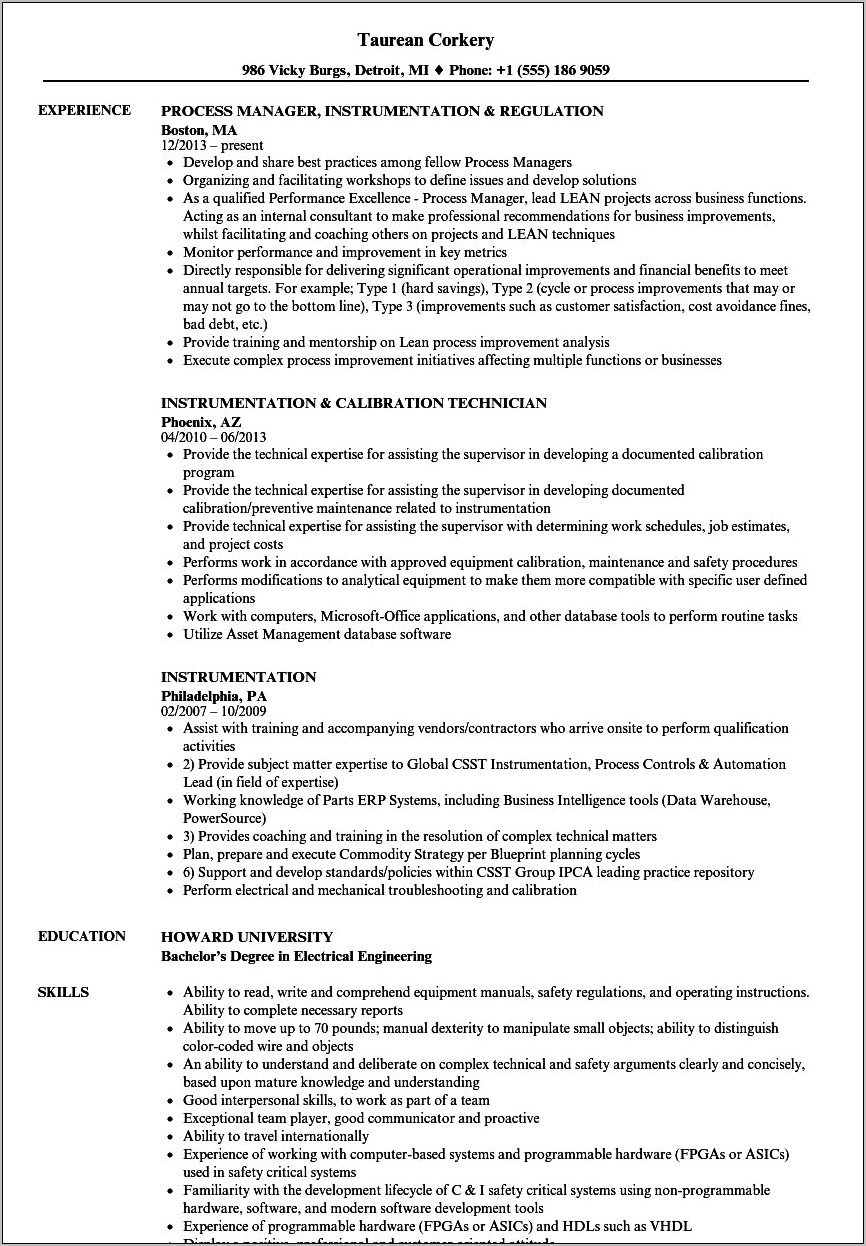 Instrumentation And Control Technician Resume Examples