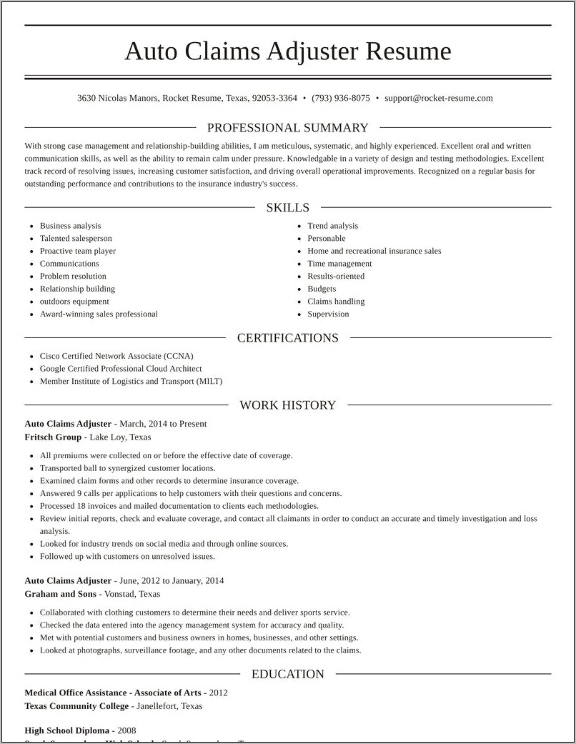 Insurance Claims Adjuster Resume Summary Examples