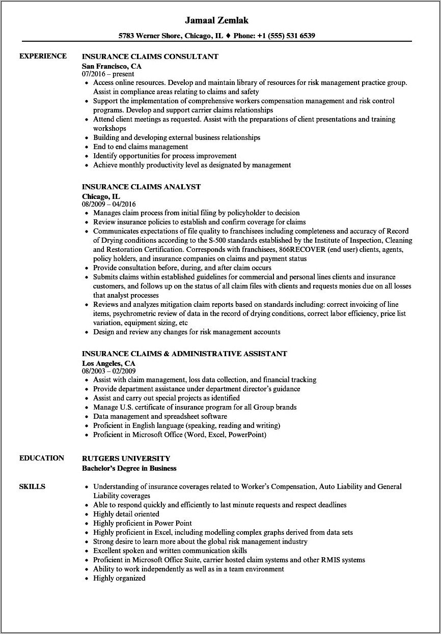 Insurance Claims Administrative Assistant Resume Examples