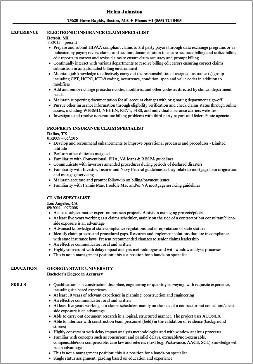 Insurance Claims Specialist Sample Resume