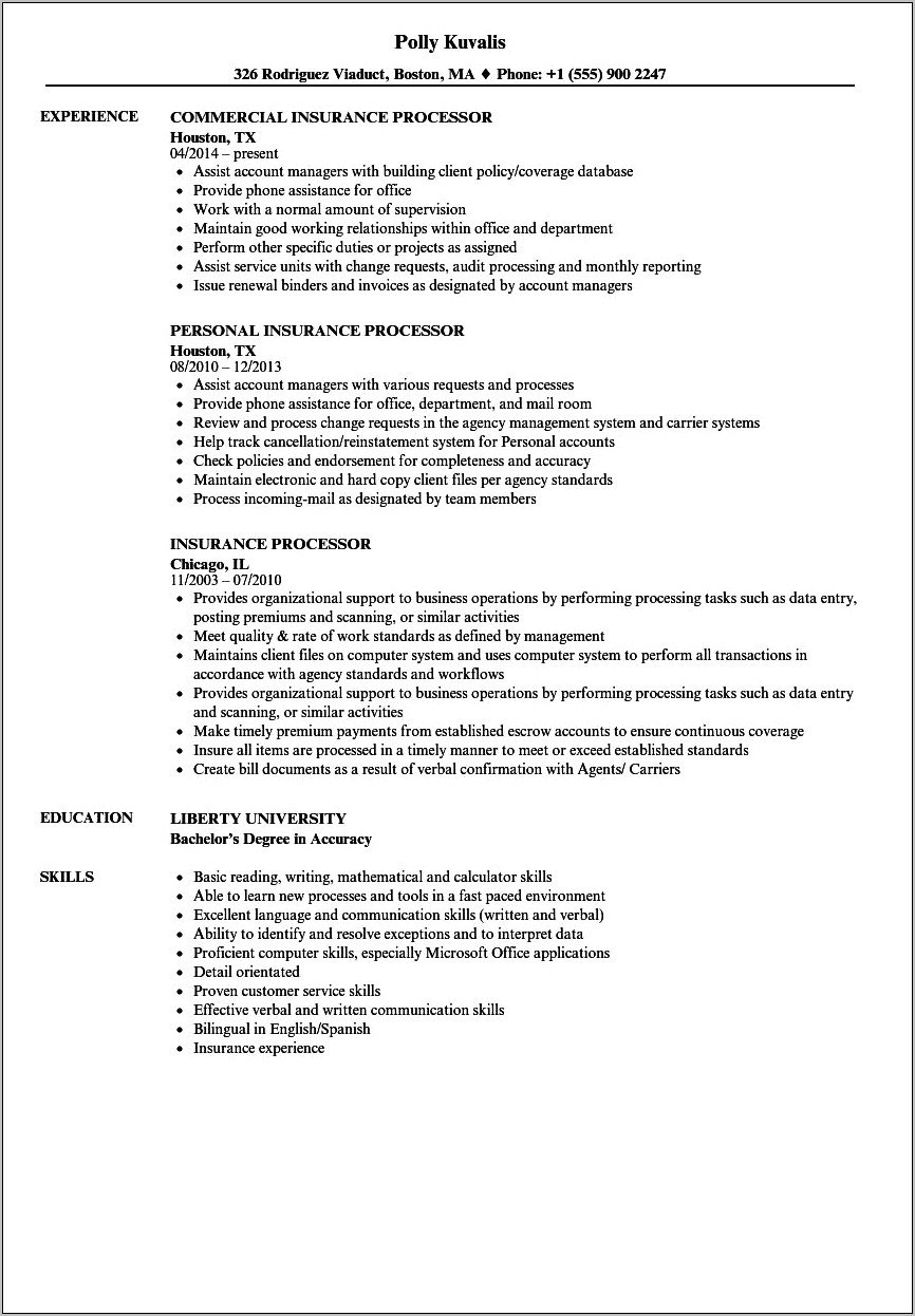 Insurance Policy Processing Clerk Resume Sample