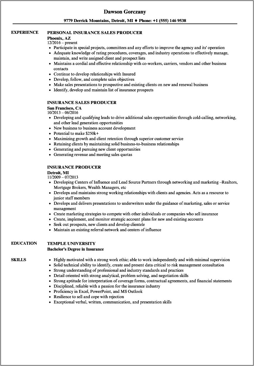 Insurance Sales Agent Job Summary For Resume