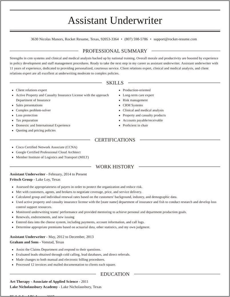 Insurance Underwriting Assistant Sample Resume Example