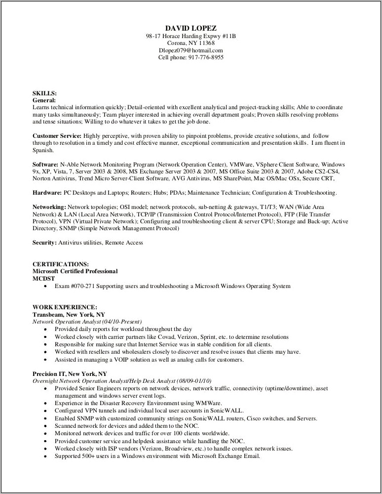 Internet Technical Support Job Description For Resume