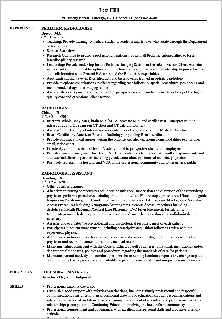 Interventional Neuro Radiology Physician Assistent Resume Sample