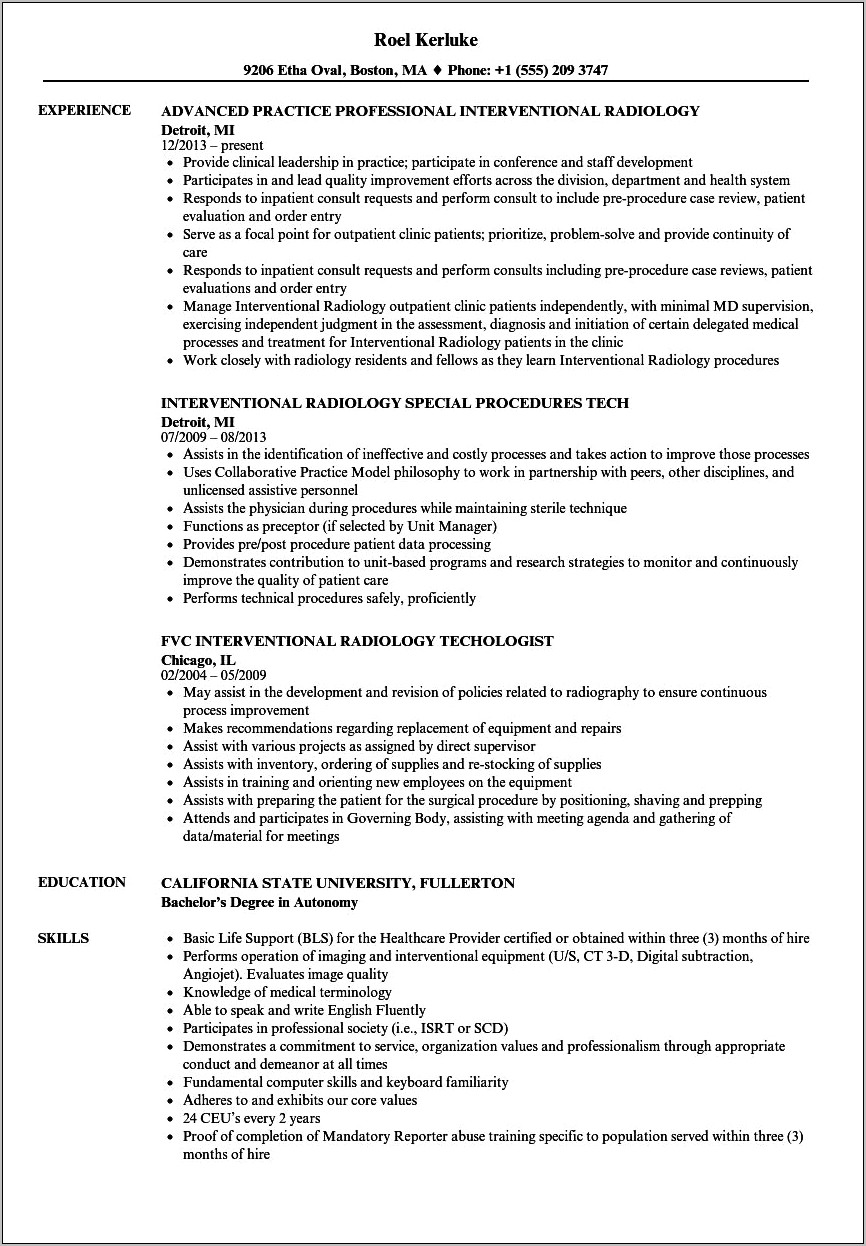 Interventional Radiology Nurse Resume Job Description