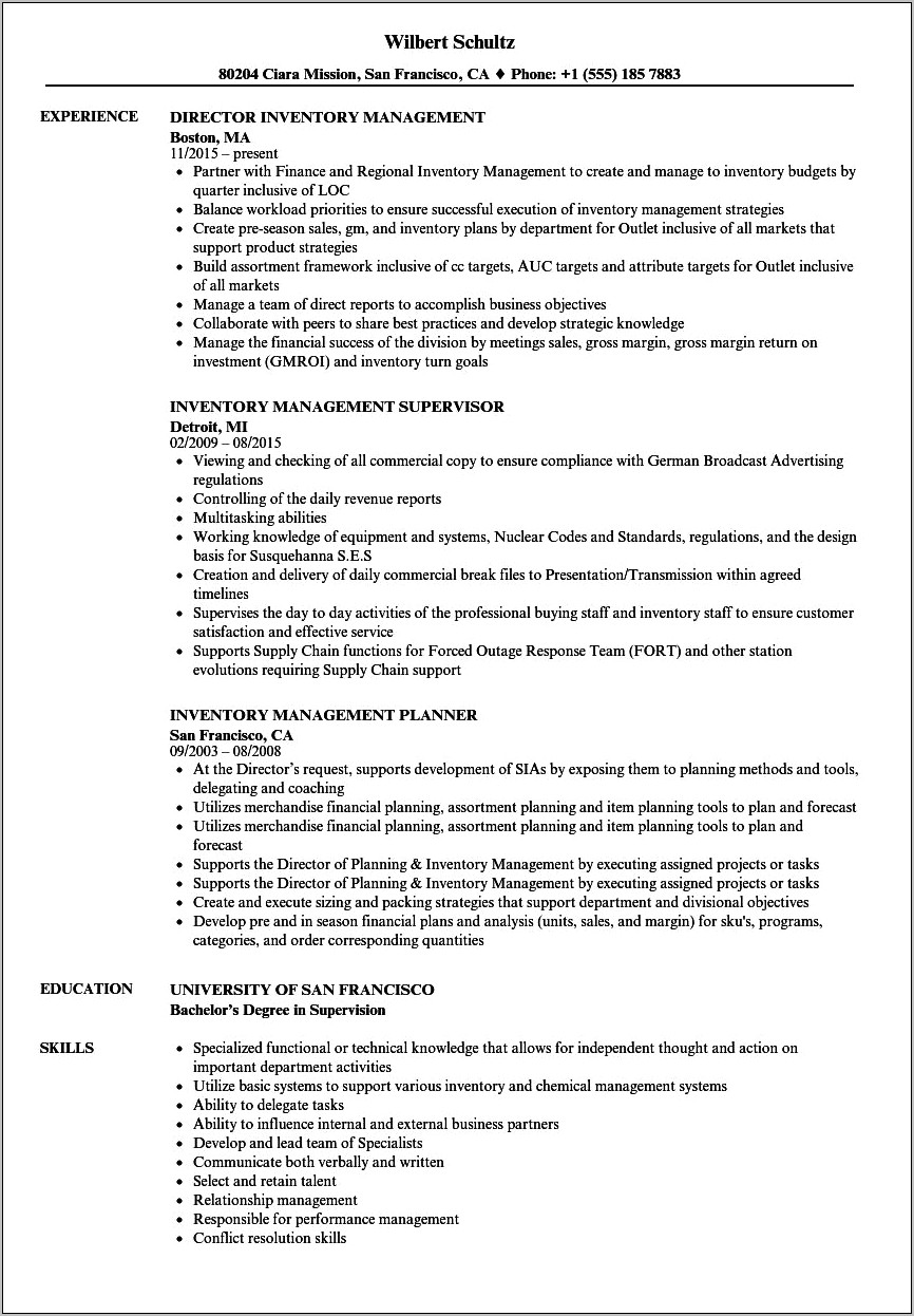Inventory Manager Job Description For Resume