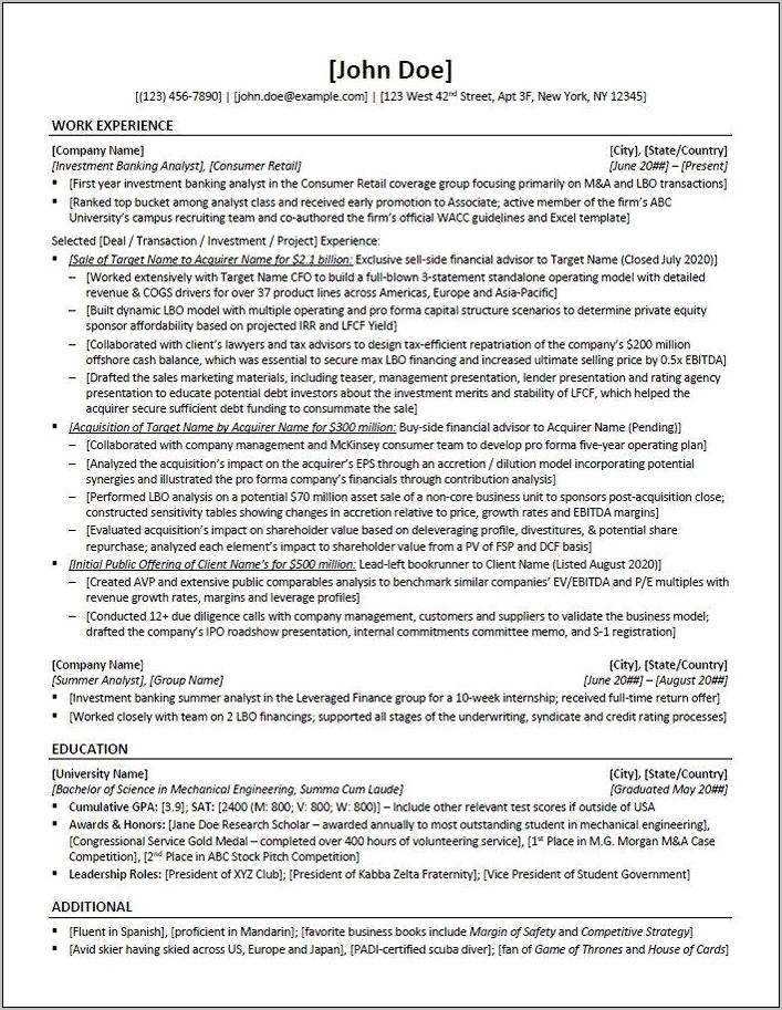 Investment Banking Student Club Description For Resume