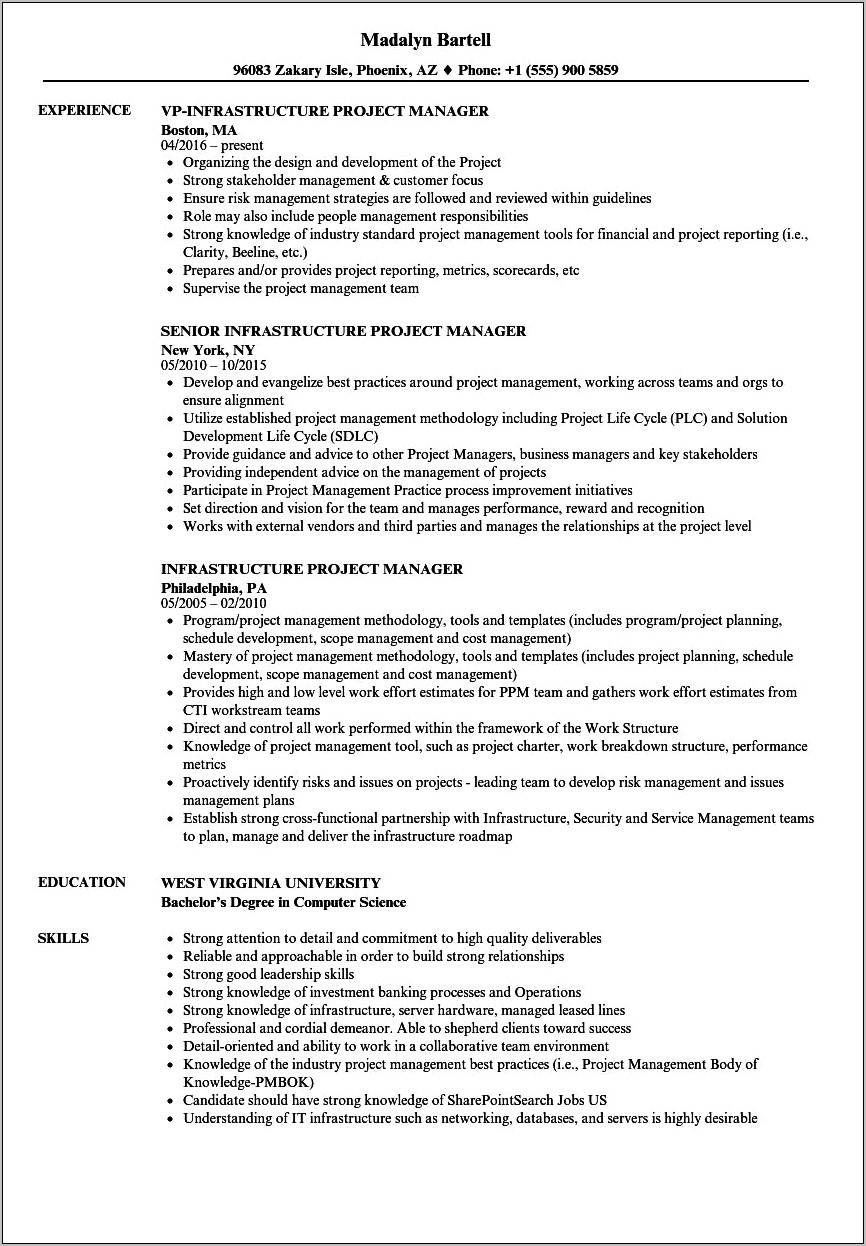 It Infrastructure Project Manager Sample Resume