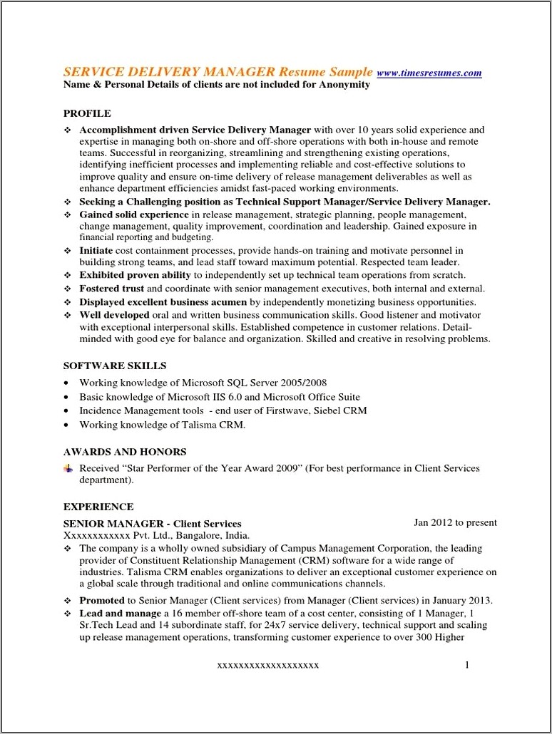It Infrastructure Service Delivery Manager Resume Doc