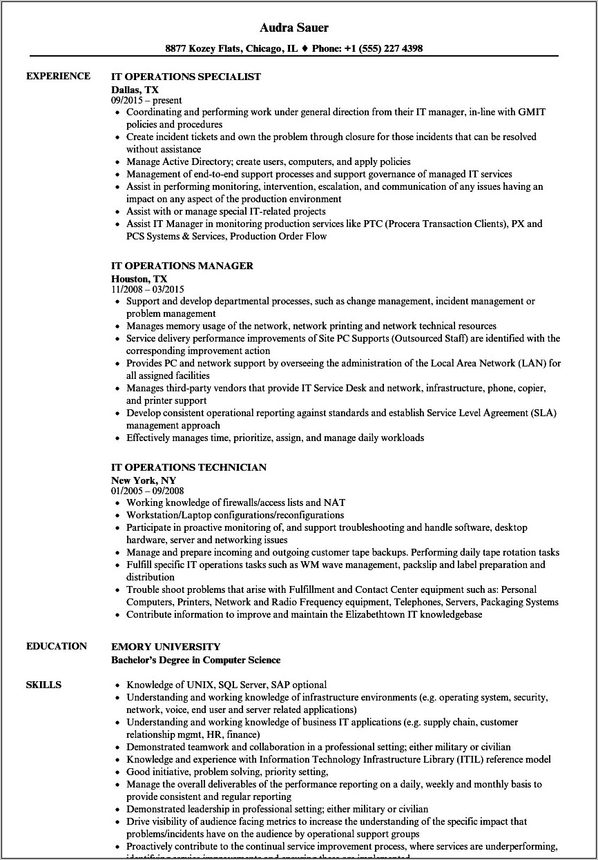 It Operation Manager Job Description Resume
