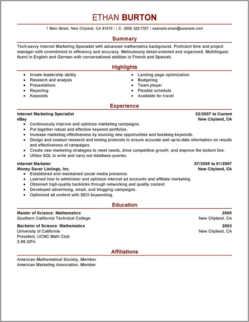 It Resume Example Bachelor Of Science In Mathematics
