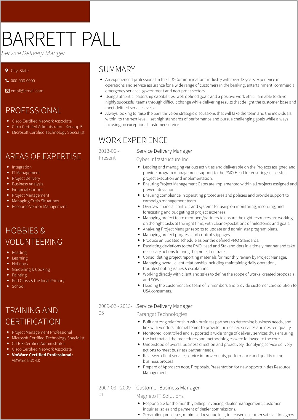 It Service Delivery Manager Resume Template