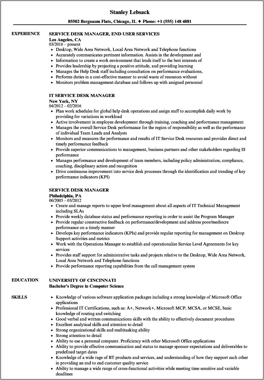 It Service Desk Manager Sample Resume