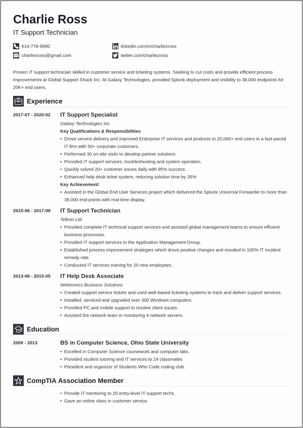 It Support Technician Job Description Resume