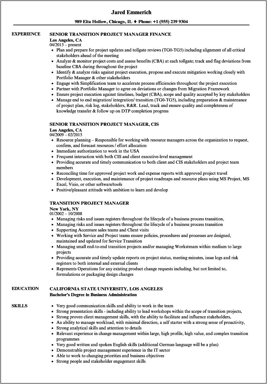 It Transition Project Manager Resume