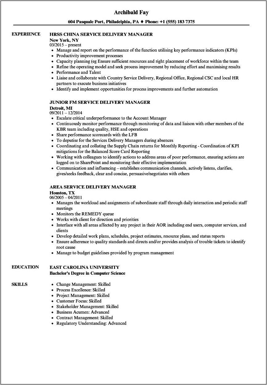 Itc Senior Service Delivery Manager Resume
