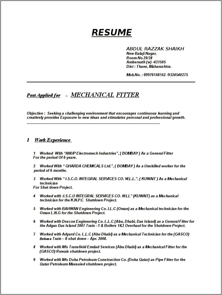 Iti Fitter Resume Format Free Download