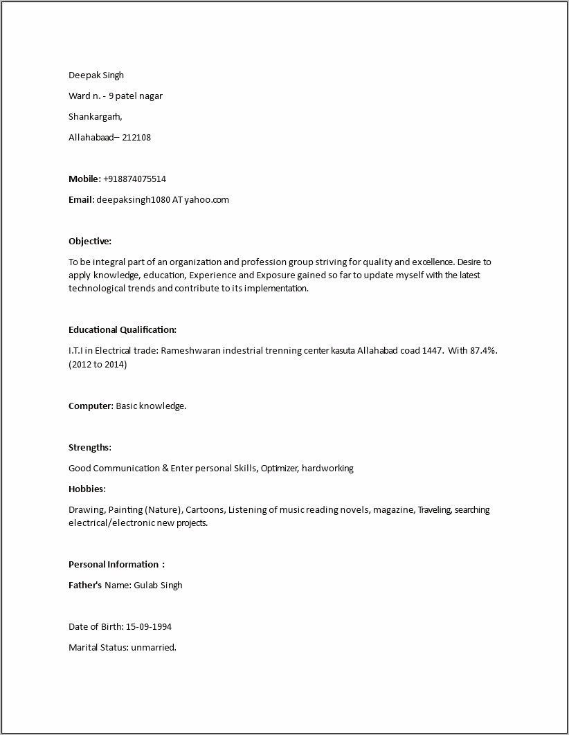 Iti Fitter Resume Format Word Free Download