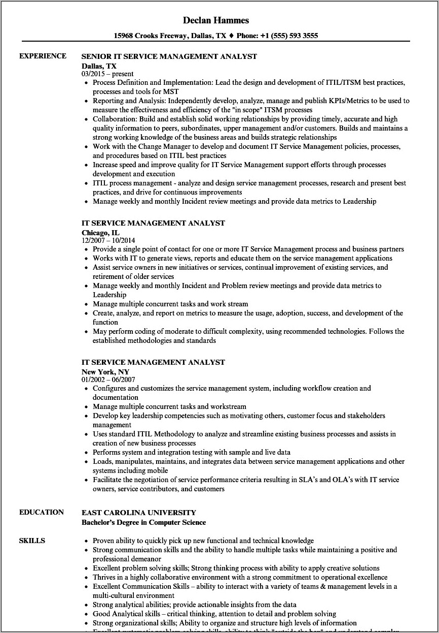 Itil V3 Foundation Certified Sample Resume