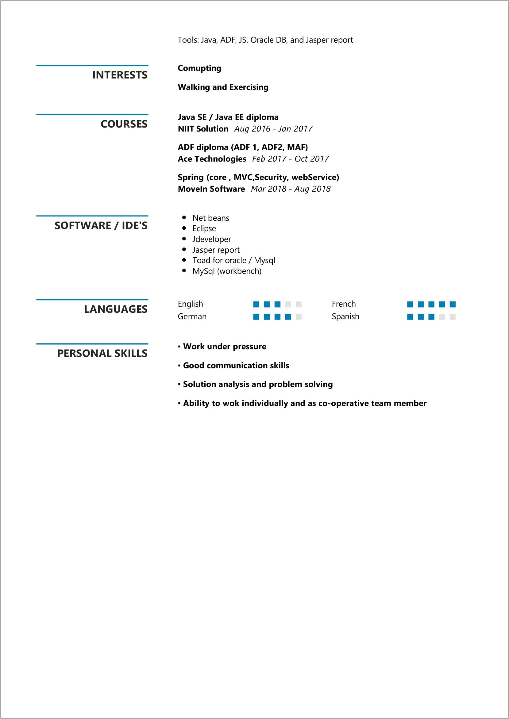Java 1 Year Experience Resume Download