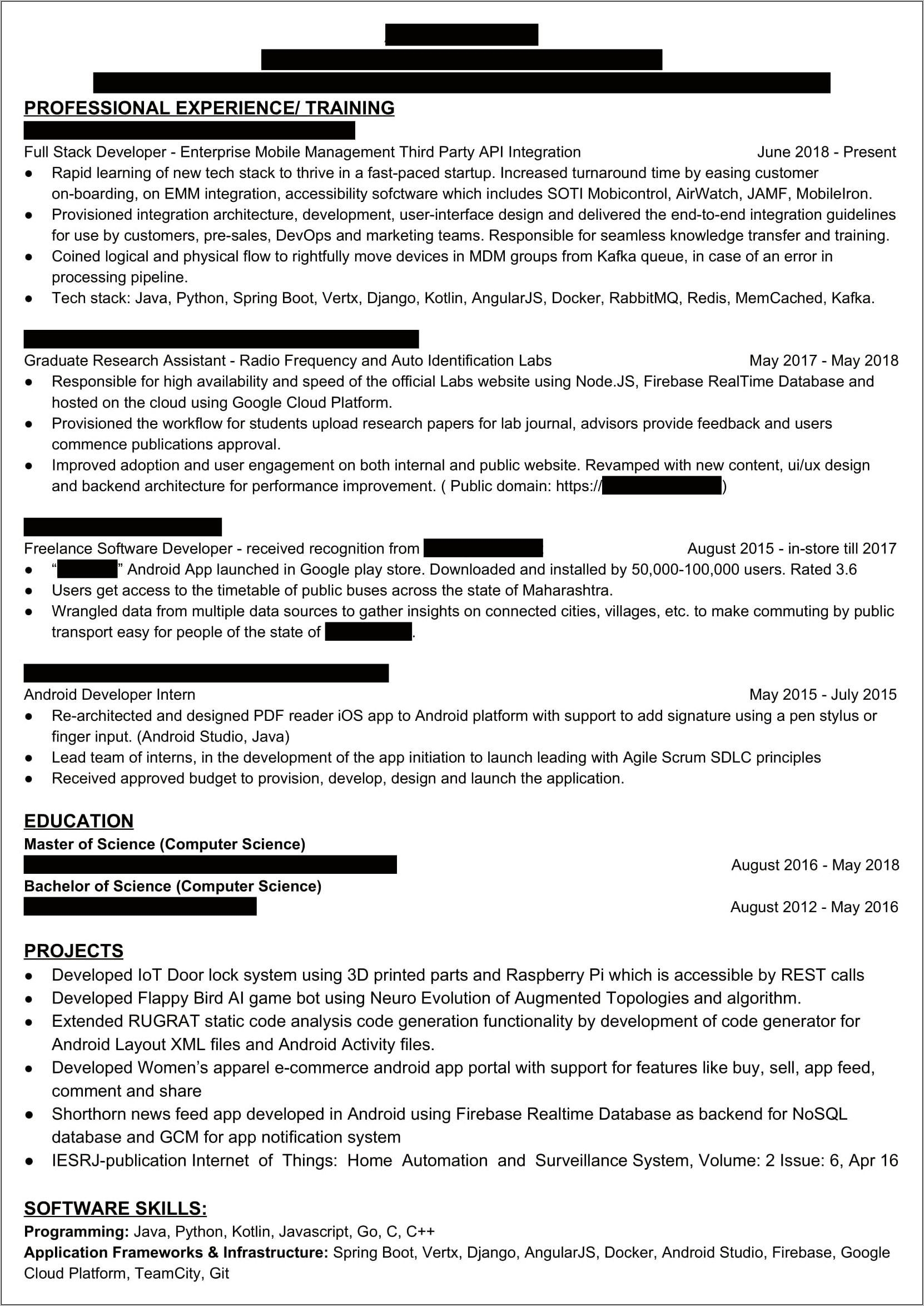 Java Developer With Spring Experience Resume