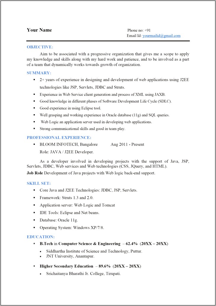 Java Resume With Pl Sql Experience