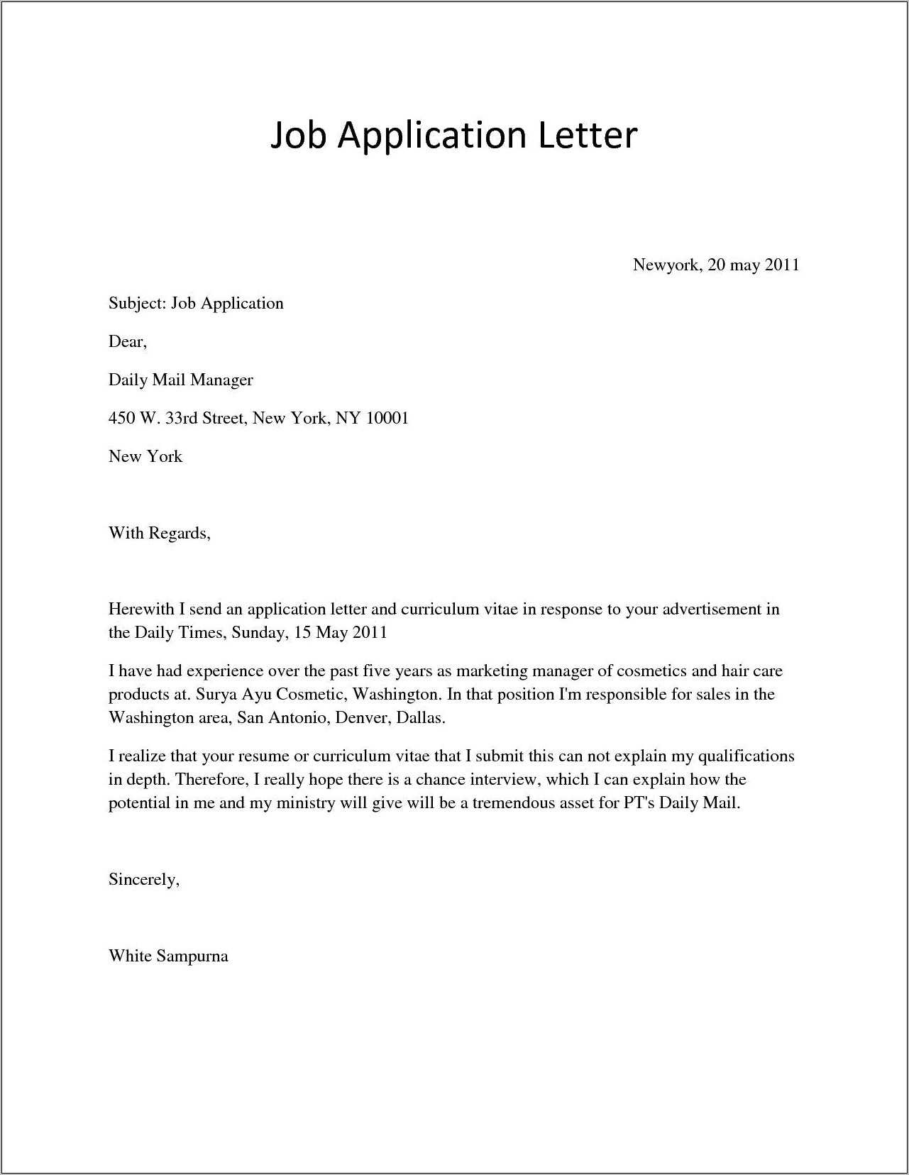 Job Application Letter And Resume Model