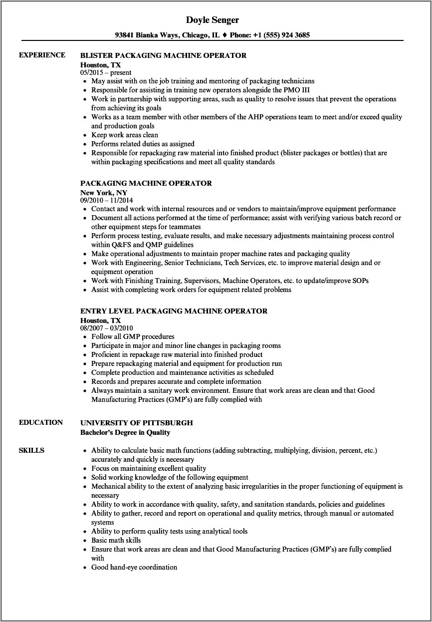 Job Description For A Machine Operator For Resume