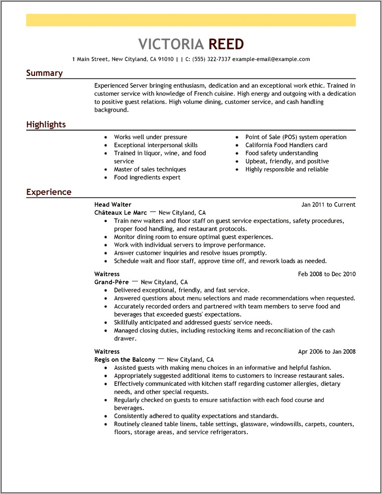 Job Description For A Waiter Resume