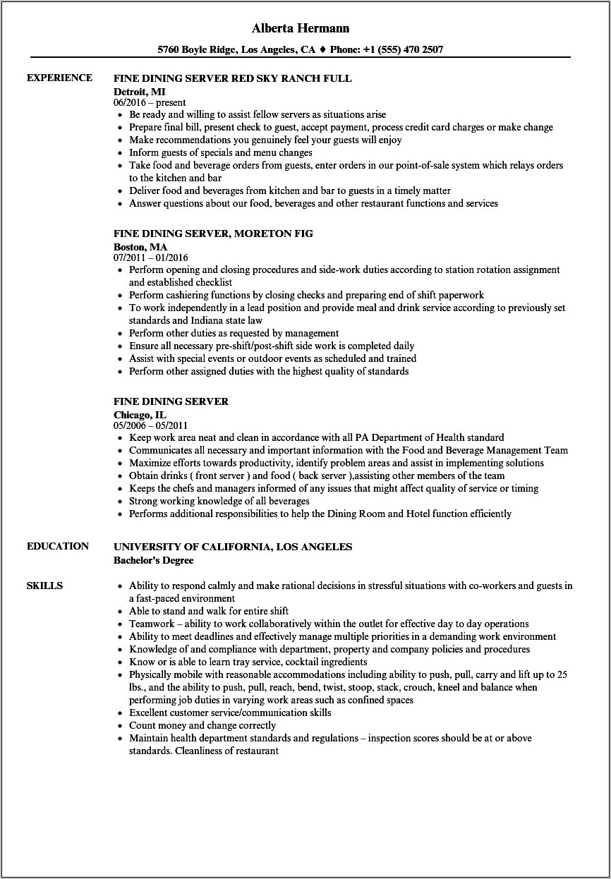 Job Description For A Waitress Resume