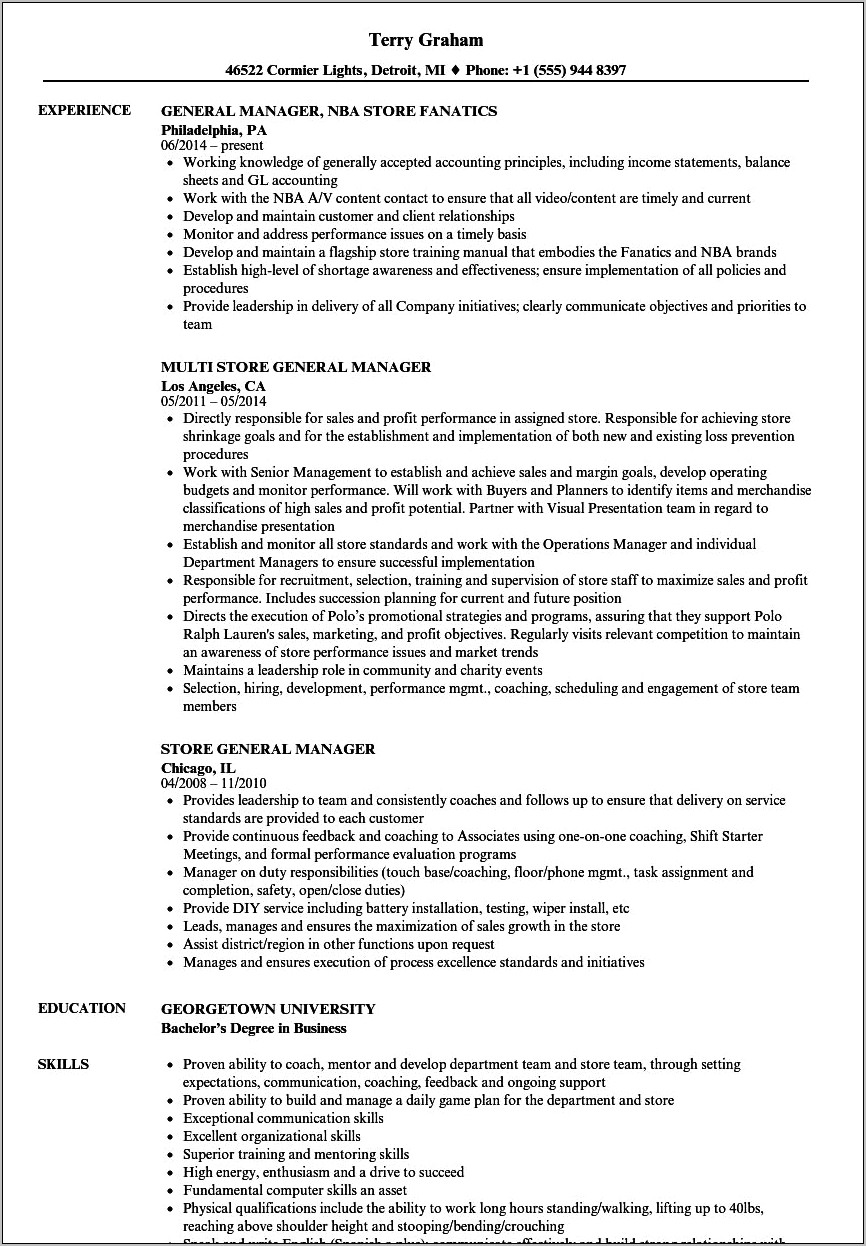 Job Description For Assistant Store Manager For Resume