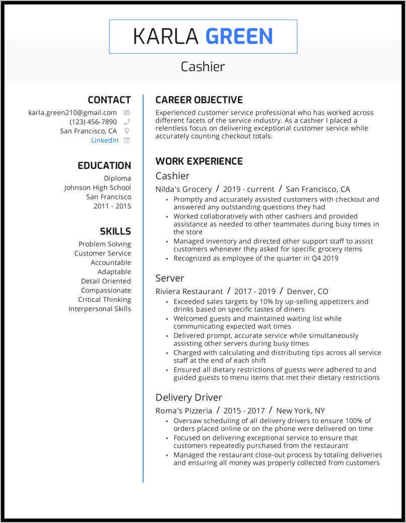 Job Description For Cashier Customer Service For Resume