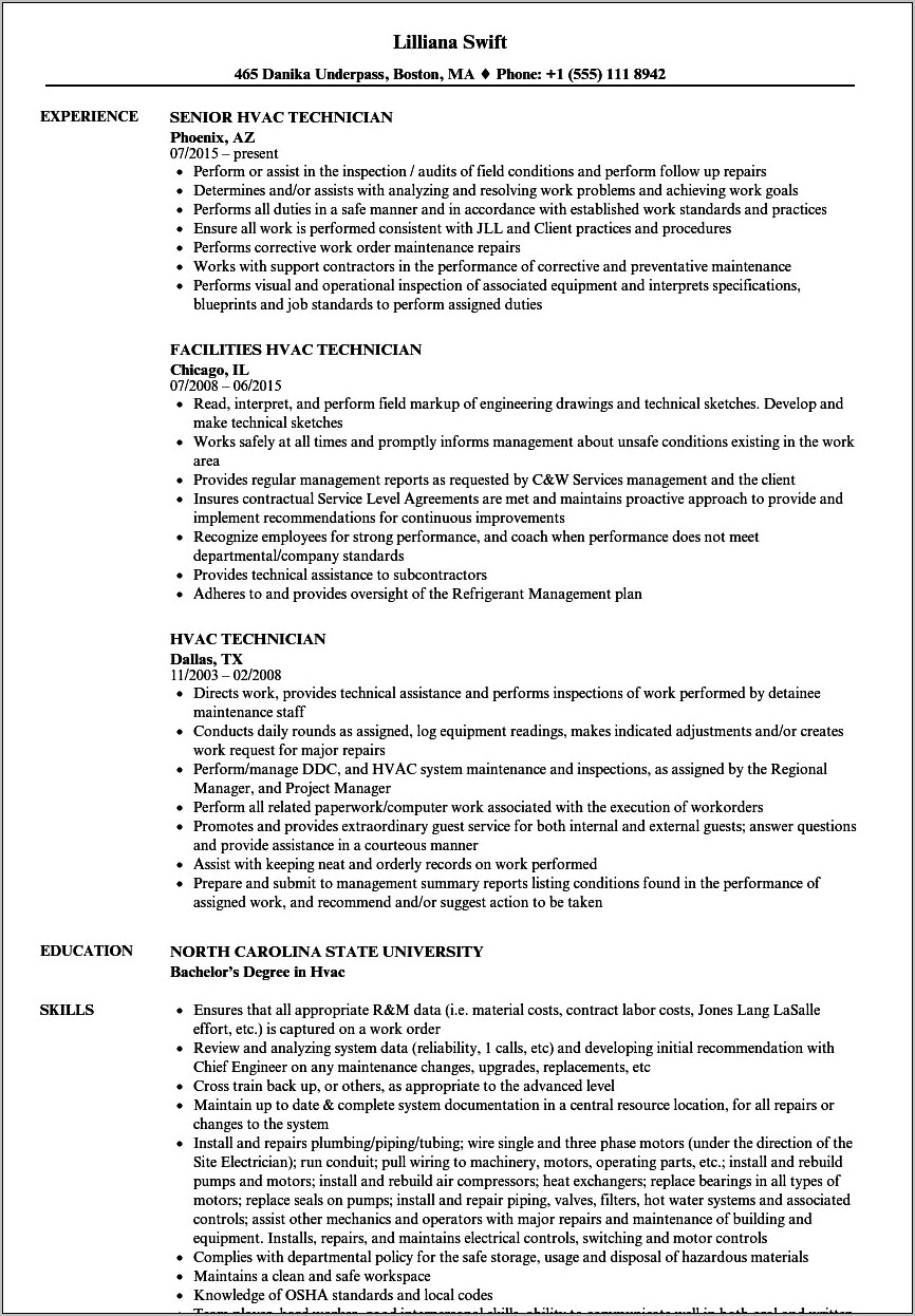 Job Description For Hvac Work For Resume