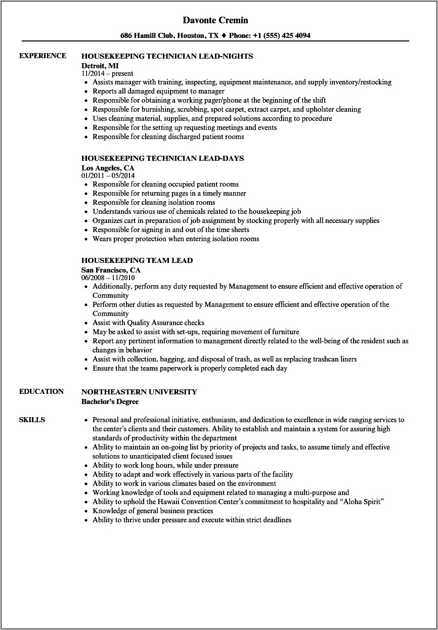 Job Description For Janitorial Housekeeping Resume