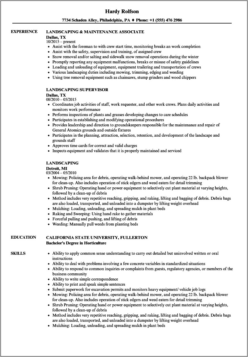 Job Description For Landscaper On Resume