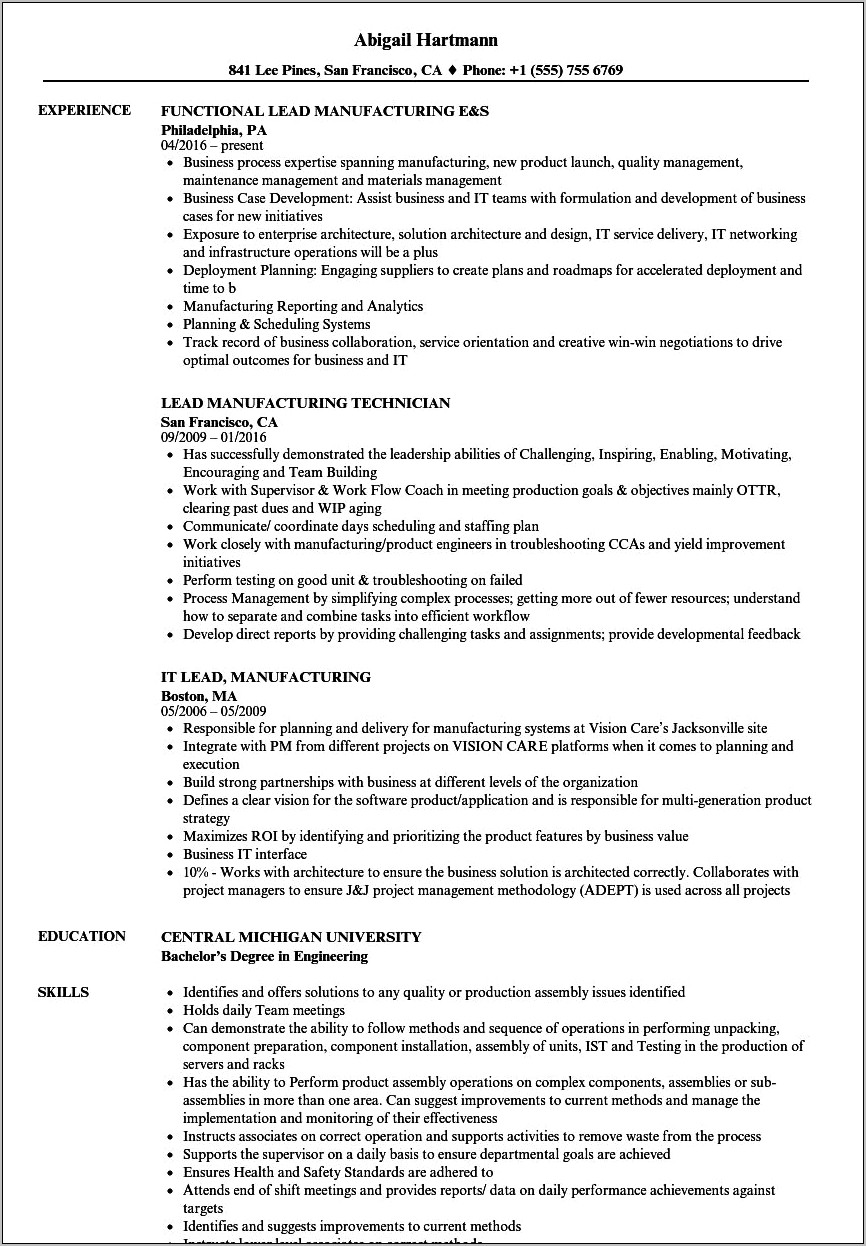 Job Description For Manufacturing Lead For Resume