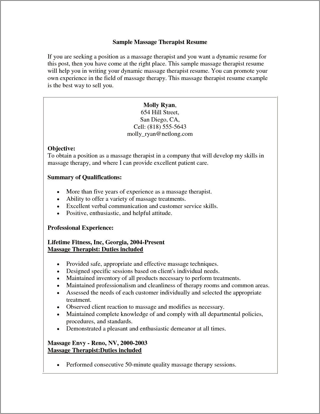 Job Description For Massage Therapist For Resume