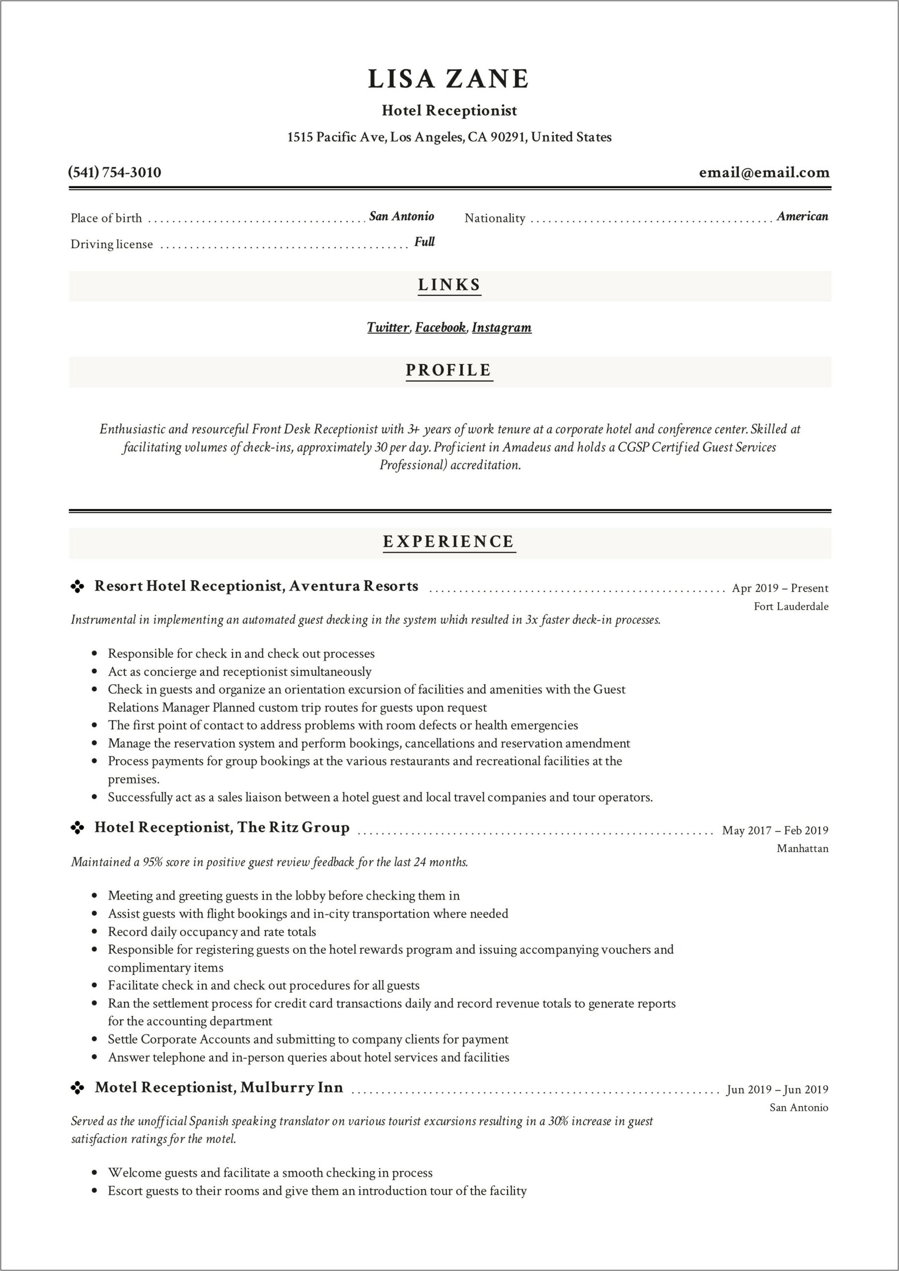 Job Description For Resume Front Desk