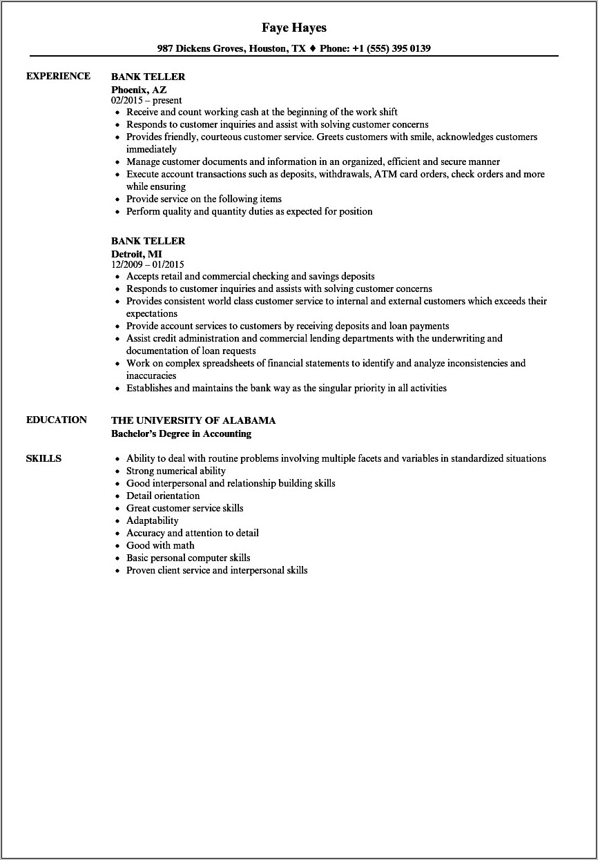 Job Description For Teller For Resume