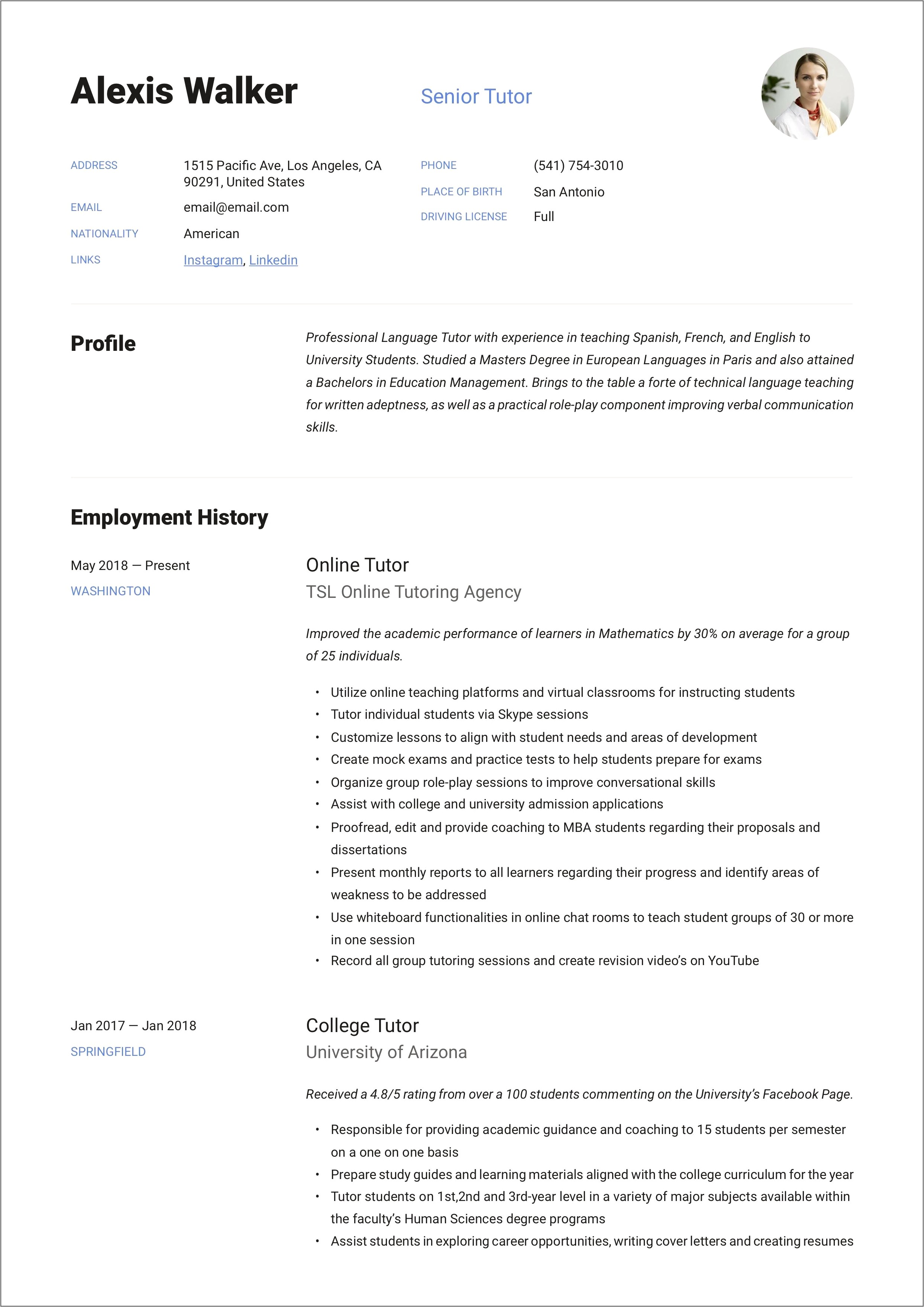 Job Description For Tutor On Resume