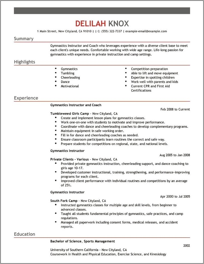 Job Description Of A Gymnastics Coach For Resume