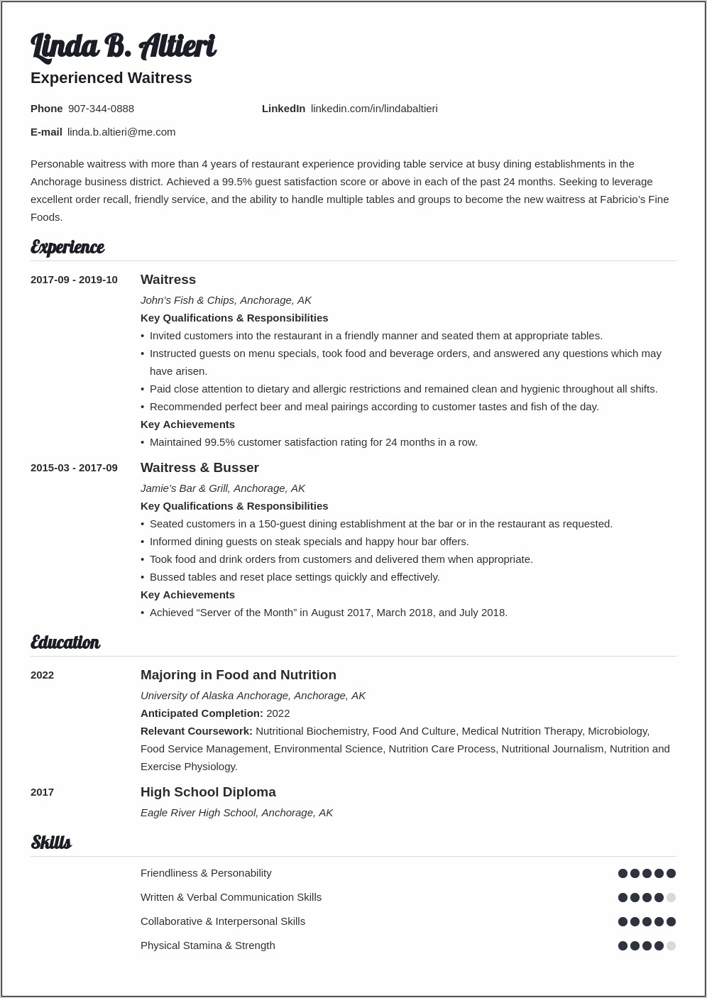 Job Description Of A Waitress Resume