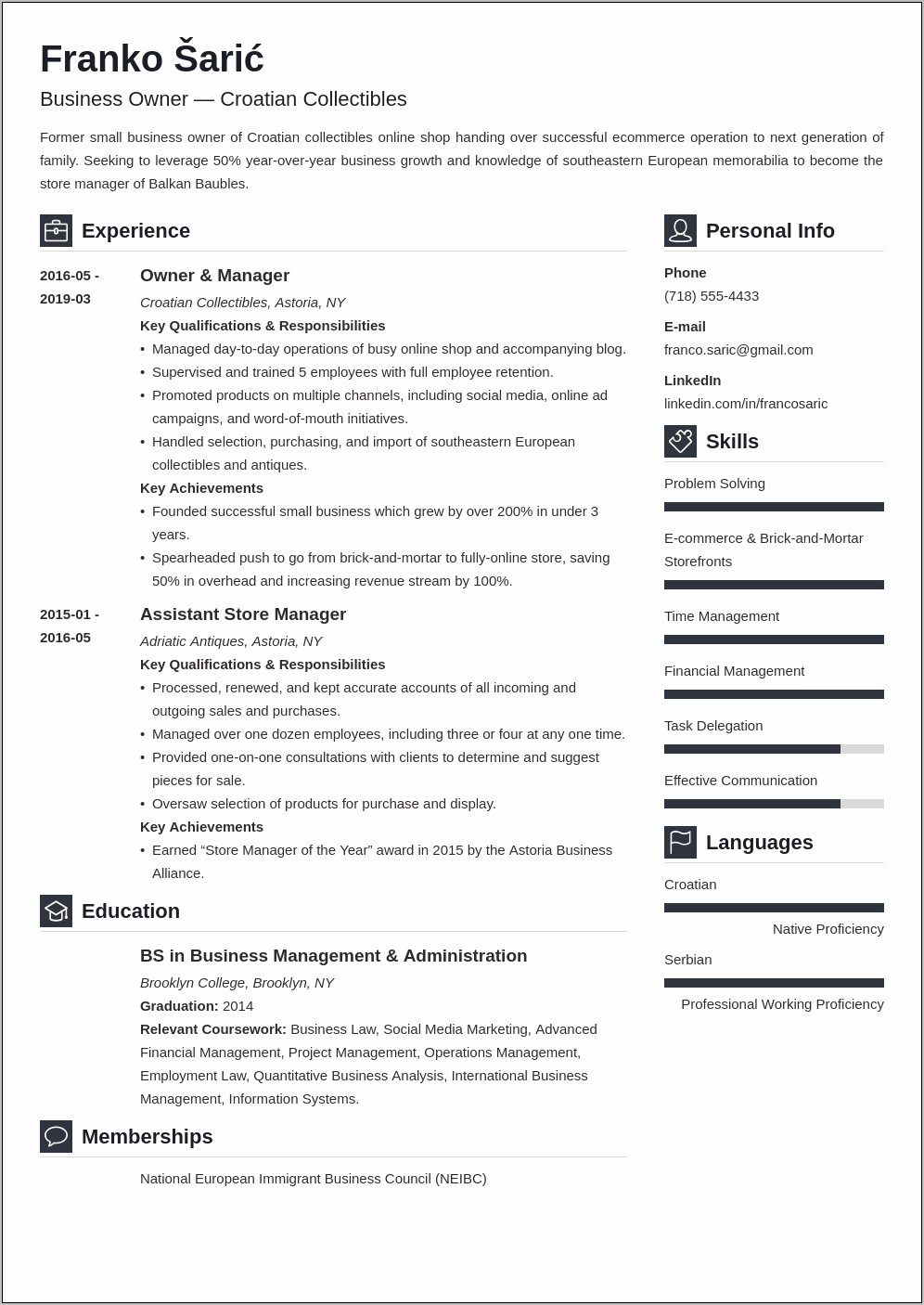 Job Description Of Business Owner On Resume