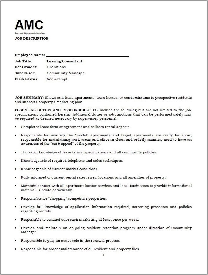 Job Description Of Leasing Agent On Resume