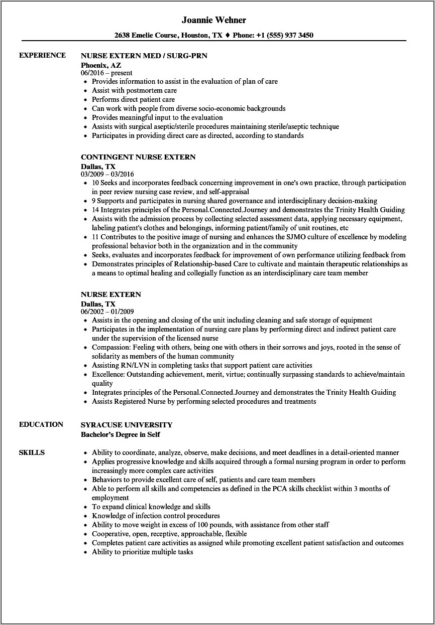 Job Description Of Nurse Extern For Resume