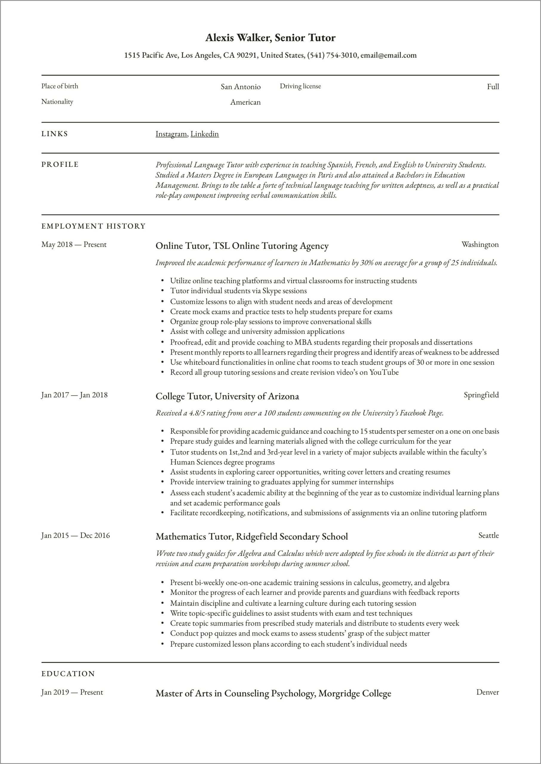 Job Description Of Tutor For Resume