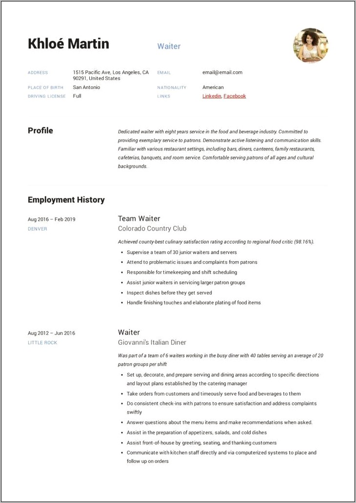 Job Description On Resume For Waiter