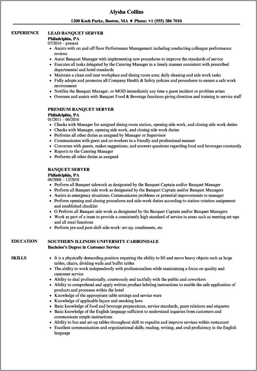 Job Description On Resume For Waitress